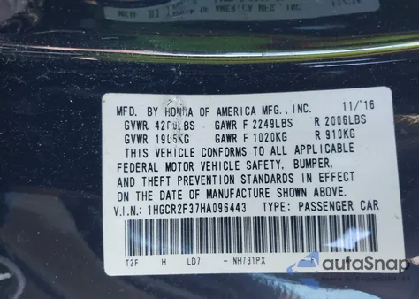 2017 Honda Accord Lx from USA, damaged, VIN 1HGCR2F37HA096443